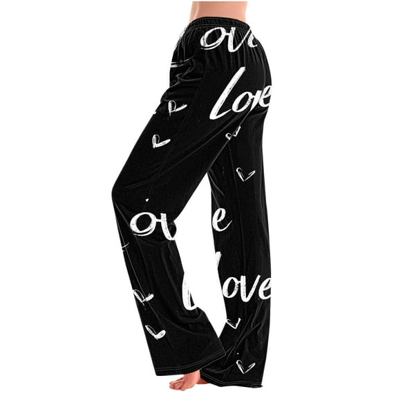 BLTIBY Women Valentine's Day Pajama Pant Spring Fall Love Printed Comfy Lounge Wide Leg Fashion Casual Stretch Palazzo Pj Bottoms Trousers with Pockets Black 2 S