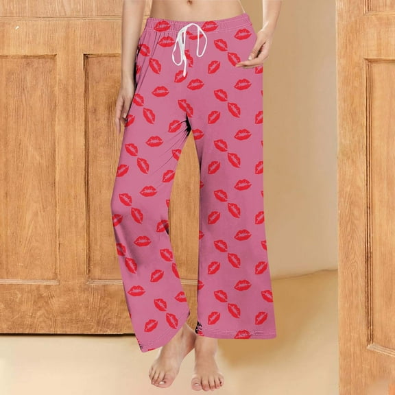 BLTIBY Women Valentines Day Pajama Pants Printed Drawstring Soft Loose Yoga Leggings Fashion Casual Home Trousers Pink XL