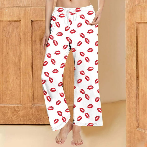 BLTIBY Women Valentines Day Pajama Pants Printed Drawstring Soft Loose Yoga Leggings Fashion Casual Home Trousers White L