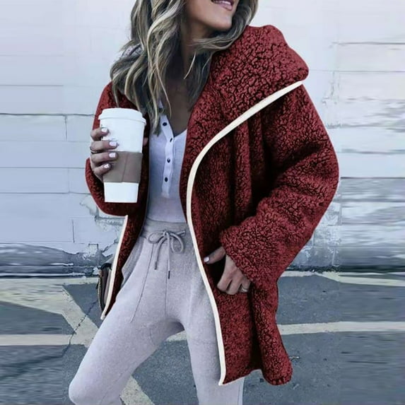 BLTIBY Women Winter Fleece Jackets Hoodies Winter Fall Solid Color Open Front Lightweight Casual Sherpa Coat Soft Warm Overcoats with Pockets Wine M