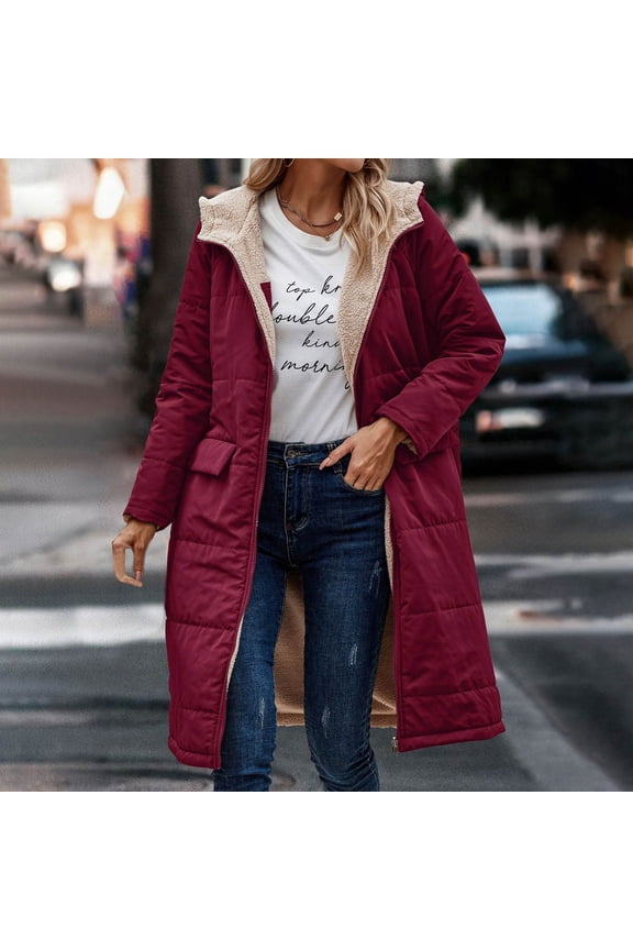 Women Winter Long Sherpa Lined Coat Fleece Warm Faux Fur Quilted Parka Reversible Zip-Up Hooded Jacket with Pockets Wine S