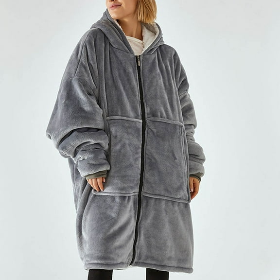 BLTIBY Women Zipper Fleece Thicked Pajamas Hoodies Long Sleeve House Coat Soft Sleepwear with Pockets Housecoat Loungewear Gray Free Size