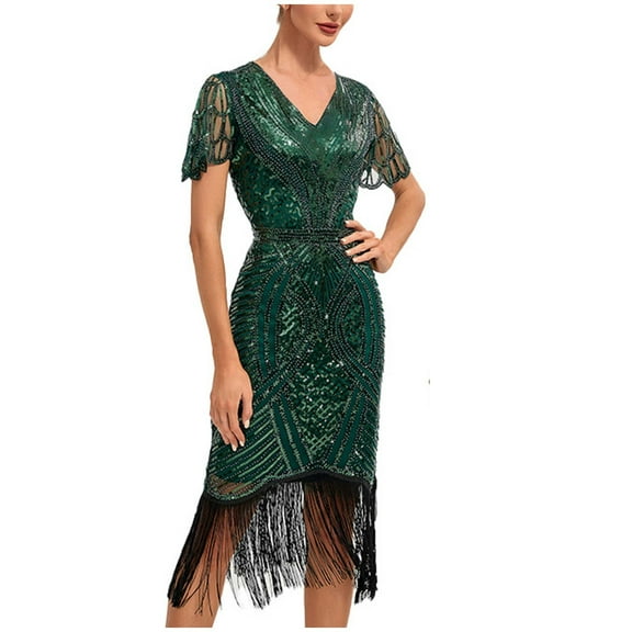 BLTIBY Women's 1920s Fringed Dress Flapper Costume Vintage Sequin Beaded Tassels Hem Prom Short Sleeve Cocktail Evening Dresses Gatsby Dress Green L