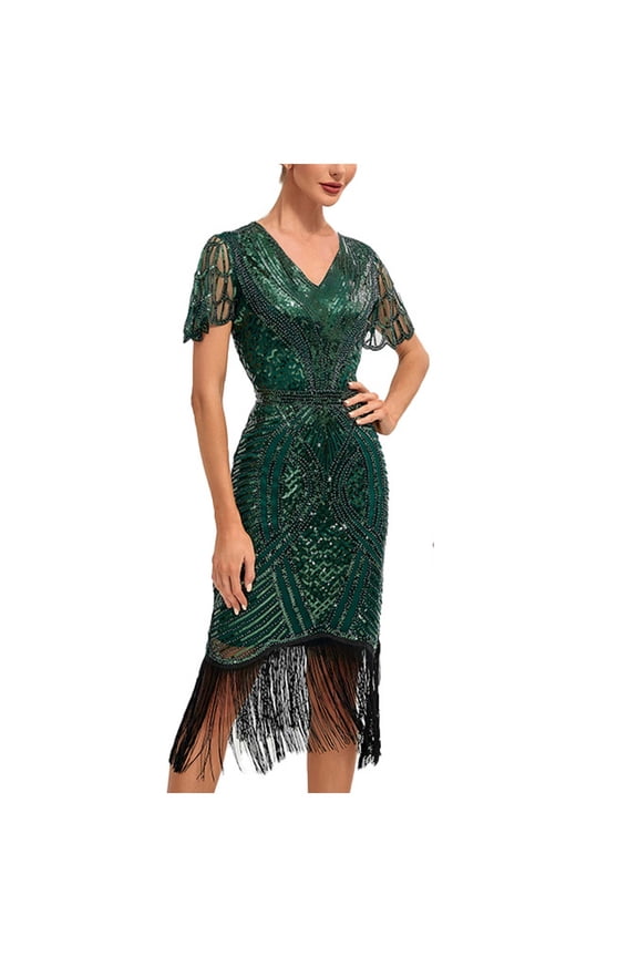 Women's 1920s Fringed Dress Flapper Costume Vintage Sequin Beaded Tassels Hem Prom Short Sleeve Cocktail Evening Dresses Gatsby Dress Green XXL