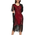 thumbnail image 1 of BLTIBY Women's 1920s Fringed Dress Flapper Costume Vintage Sequin Beaded Tassels Hem Prom Short Sleeve Round Neck Cocktail Evening Dresses Gatsby Dress Red XL, 1 of 5