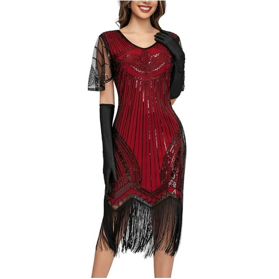 BLTIBY Women's 1920s Fringed Dress Flapper Costume Vintage Sequin Beaded Tassels Hem Prom Short Sleeve Round Neck Cocktail Evening Dresses Gatsby Dress Red XL