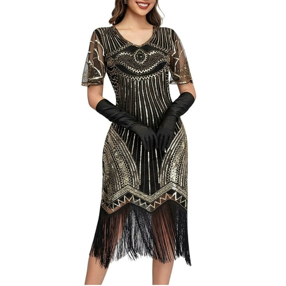 BLTIBY Women's 1920s Fringed Dress Flapper Costume Vintage Sequin Beaded Tassels Hem Prom Short Sleeve Round Neck Cocktail Evening Dresses Gatsby Dress Gold L