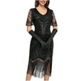 thumbnail image 1 of BLTIBY Women's 1920s Fringed Dress Flapper Costume Vintage Sequin Beaded Tassels Hem Prom Short Sleeve Round Neck Cocktail Evening Dresses Gatsby Dress Black XL, 1 of 6