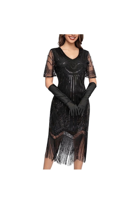 Women's 1920s Fringed Dress Flapper Costume Vintage Sequin Beaded Tassels Hem Prom Short Sleeve Round Neck Cocktail Evening Dresses Gatsby Dress Black L