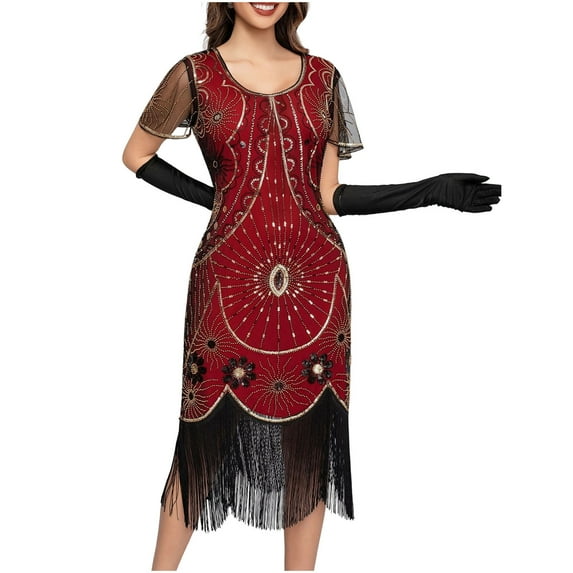 BLTIBY Women's 1920s Fringed Dress Flapper Costume Vintage Sequin Beaded Tassels Hem Prom Short Sleeve Round Neck Cocktail Evening Dresses Gatsby Dress Red 2 M