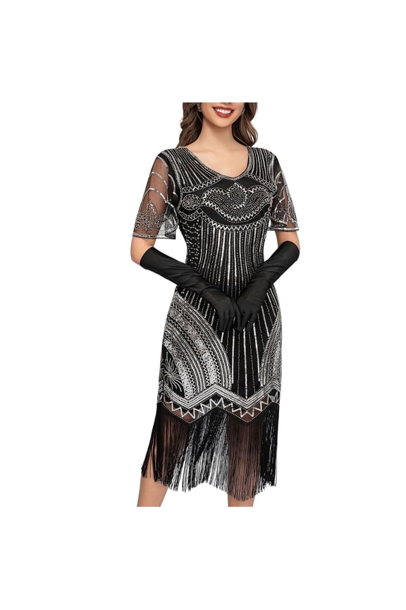 Women's 1920s Fringed Dress Flapper Costume Vintage Sequin Beaded Tassels Hem Prom Short Sleeve Round Neck Cocktail Evening Dresses Gatsby Dress White XL