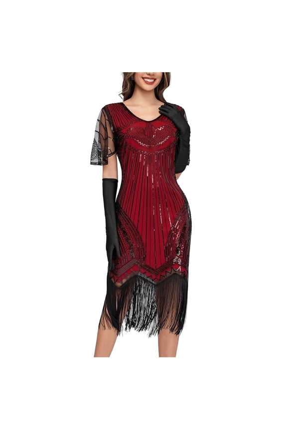 Women's 1920s Fringed Dress Flapper Costume Vintage Sequin Beaded Tassels Hem Prom Short Sleeve Round Neck Cocktail Evening Dresses Gatsby Dress Red S