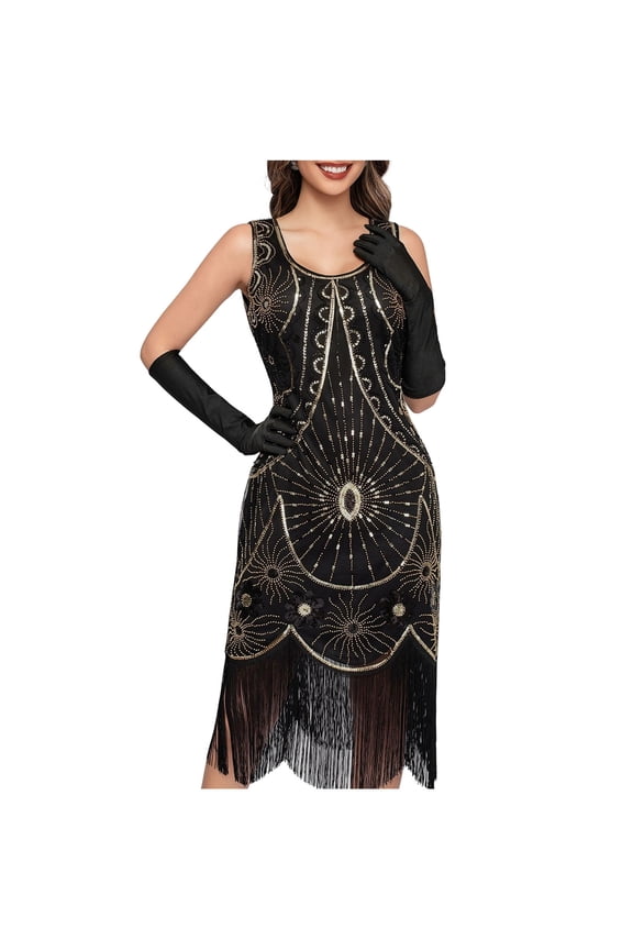 Women's 1920s Fringed Dress Flapper Costume Vintage Sequin Beaded Tassels Hem Prom Sleeveless Round Neck Cocktail Evening Dresses Gatsby Dress Gold XL