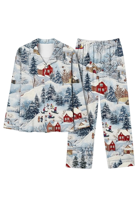 Women's 2 Piece Christmas Pajamas Set Button Down Lapel Xmas Graphic Shirt Long Pants Ugly Comfy Pjs Sets Sleepwear with Pockets Multicolor 2 XXL