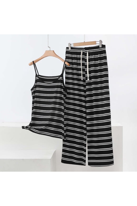 Women's 2 Piece Modal Lounge Sets Striped Spaghetti Strap Comfy Tank Tops and Wide Leg Drawstring Pants Pajamas Outfits Khaki 4XL