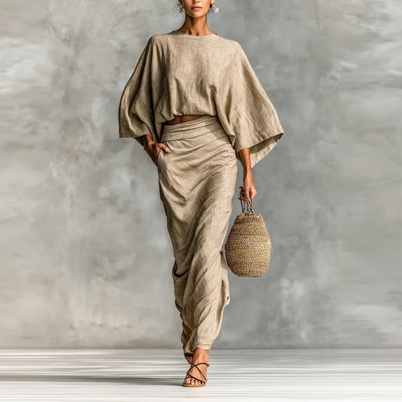 BLTIBY Women's 2 Piece Outfits Oversized Batwing Crop Round Neck Top High Waisted Maxi Skirt Elegant Party Cocktail Dress with Pockets Beige 3XL