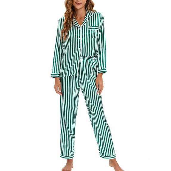 BLTIBY Women's 2 Piece Pajamas Set Button Down Lapel Printed Silk Shirt and Long Pants Pjs Sets Sleepwear with Pockets Green L