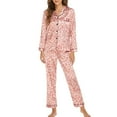 thumbnail image 1 of BLTIBY Women's 2 Piece Pajamas Set Button Down Lapel Printed Silk Shirt and Long Pants Pjs Sets Sleepwear with Pockets Red M, 1 of 7