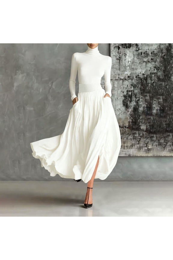 Women's 2 Piece Sets Long Sleeve Casual Outfits Turtleneck Slim Top Maxi Skirt Flowy Dresses Matching Sets with Pockets White M