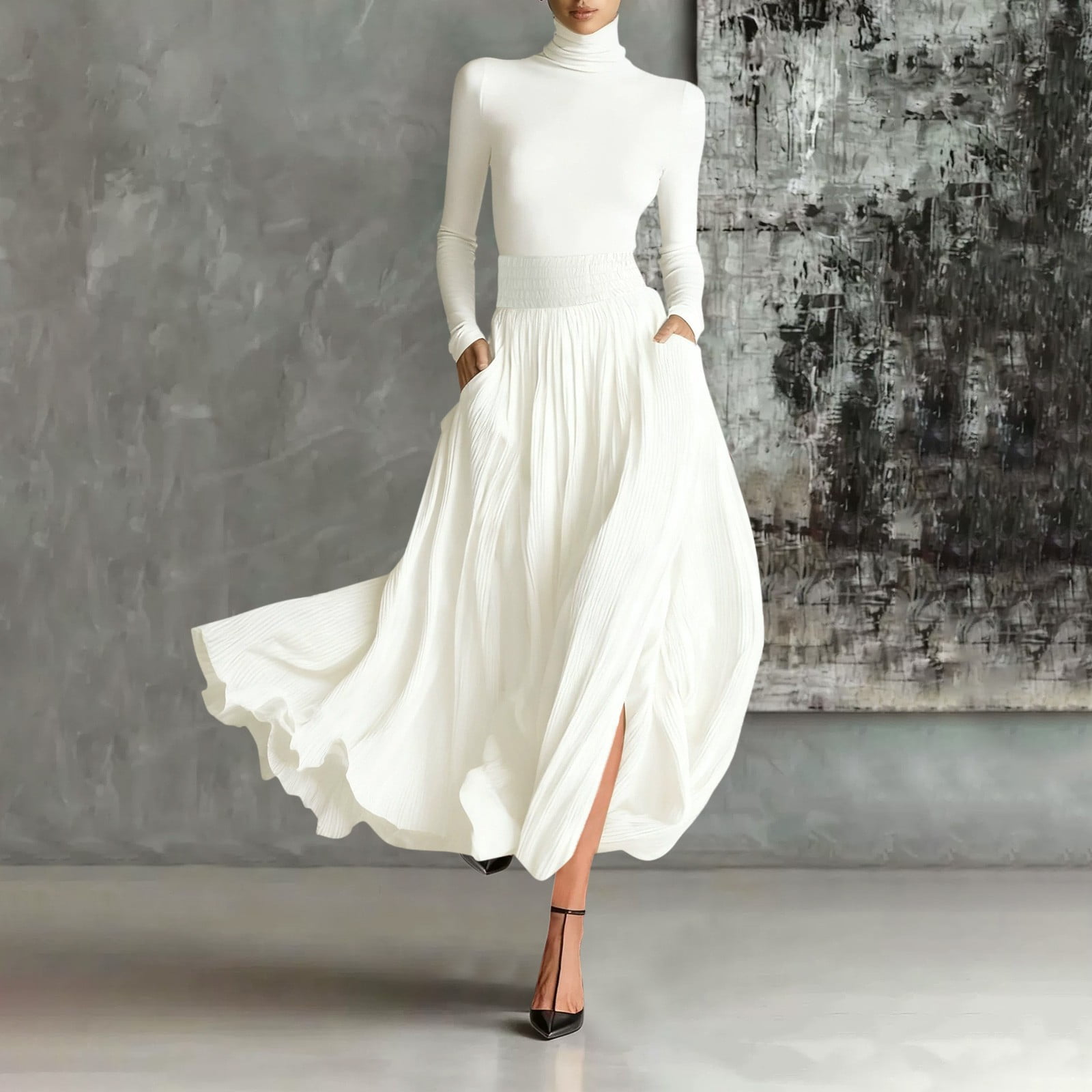 white two piece casual dress BLTIBY Women's 2 Piece Sets Long Sleeve Casual Outfits Turtleneck Slim Top  Maxi Skirt Flowy Dresses Matching Sets with Pockets White XXL