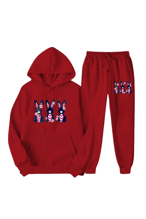 Women's 2 Piece Tracksuit Sweatsuits Sets Hoodie Sweatshirts Long Sleeve and Jogging Sweatpants Suit Easter Printed Drawstring Fashion Outfits with Pockets 2025 Red XXL