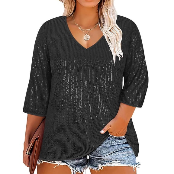 BLTIBY Women's 3/4 Sleeve Sequin Tops Dressy Sparkle Glitter V Neck Plus Size Pullover Blouse Cocktail Party Shirts Y2k Clubwear Black XL