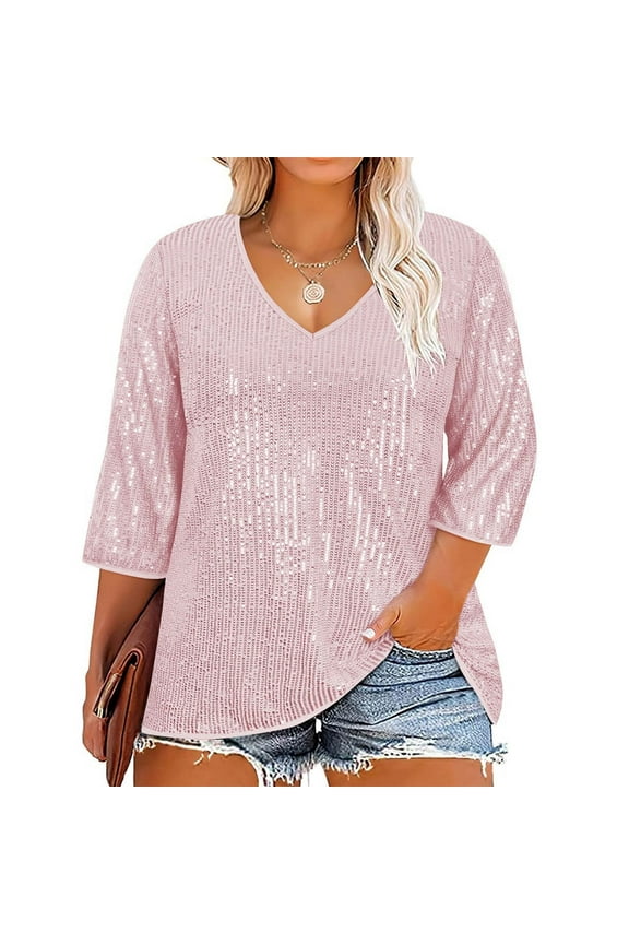 Women's 3/4 Sleeve Sequin Tops Dressy Sparkle Glitter V Neck Plus Size Pullover Blouse Cocktail Party Shirts Y2k Clubwear Pink XL