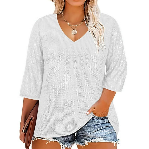 BLTIBY Women's 3/4 Sleeve Sequin Tops Dressy Sparkle Glitter V Neck Plus Size Pullover Blouse Cocktail Party Shirts Y2k Clubwear White XL