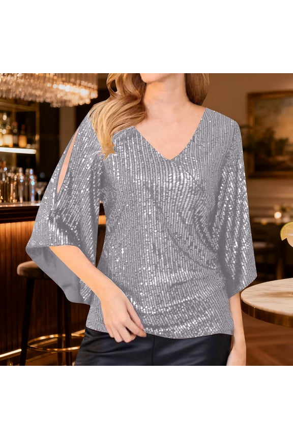 Women's 3/4 Sleeve Sequin Tops Dressy Sparkle Glitter V Neck Pullover Blouse Cocktail Party Shirts Y2k Clubwear Silver 5XL