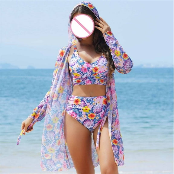 BLTIBY Women's 3 Piece Swimsuit Criss Cross Hollow Out Printed Bikini Sets with Cover Up Deep V High Wasit Tummy Control Bathing Suit 2025 Hot Pink S