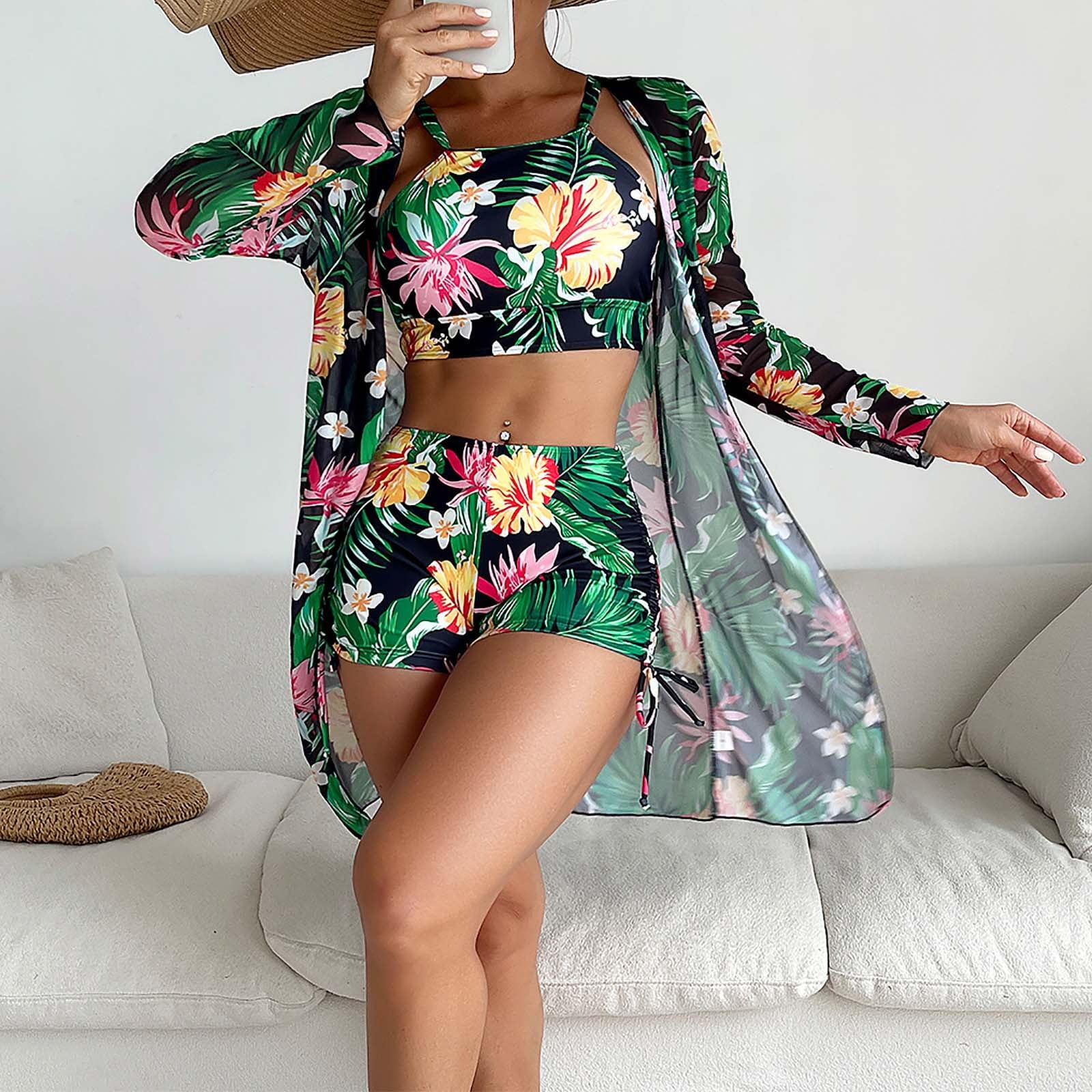 Multicolor printed suspender swimsuit three-piece swimsuit