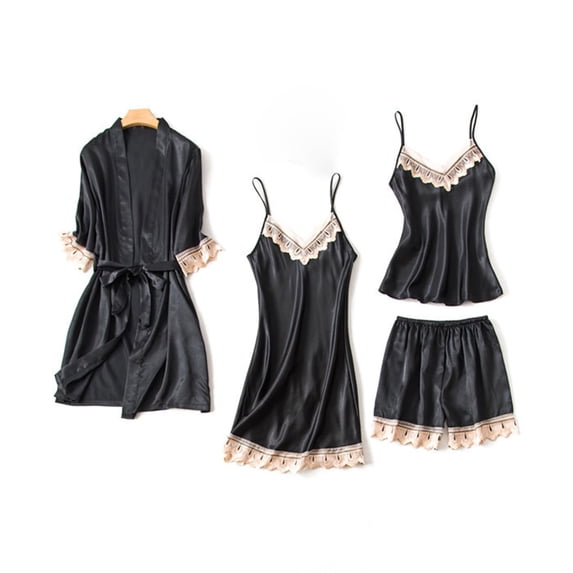 BLTIBY Women's 4 Piece Satin Pajama Set Silk Lace Cami Robe Nightgown and Shorts Sets Sleepwear Fashion Comfort Black XXL