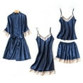 thumbnail image 1 of BLTIBY Women's 4 Piece Satin Pajama Set Silk Lace Cami Robe Nightgown and Shorts Sets Sleepwear Fashion Comfort Blue L, 1 of 8