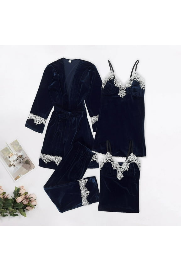 Women's 4Pcs Pajamas Solid Colour Gold Velvet Cami Top Shorts Camisole Nightdress with Robe Sleepwear Set Fashion Comfortable Outfits Blue L