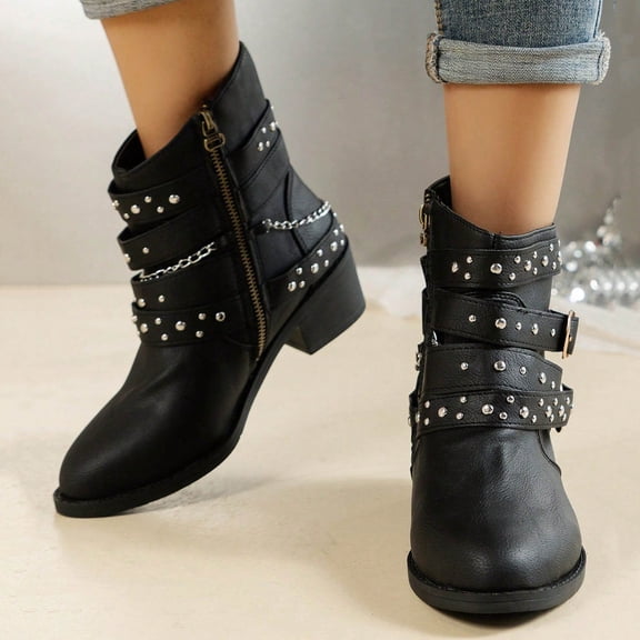 BLTIBY Women's Ankle Boots Fashion Gothic Leather Block Heel Shoes Studded Ankle Strap Trim Punk Boot Winter Side Zipper Motorcycle Short Booties Black 41
