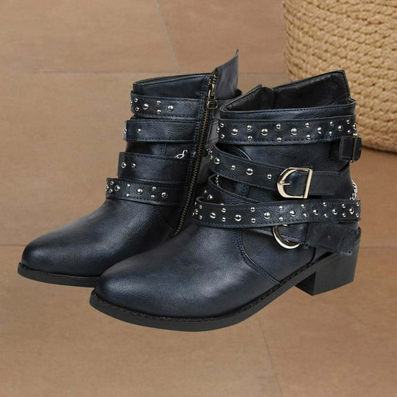BLTIBY Women's Ankle Boots Fashion Gothic Leather Block Heel Shoes Studded Ankle Strap Trim Punk Boot Winter Side Zipper Motorcycle Short Booties Blue 37