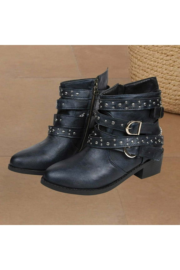 Women's Ankle Boots Fashion Gothic Leather Block Heel Shoes Studded Ankle Strap Trim Punk Boot Winter Side Zipper Motorcycle Short Booties Blue 37