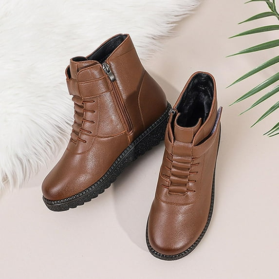 BLTIBY Women's Ankle Boots Flat Booties Solid Colour Casual Short Boots Round Toe Arch Support Comfortable Walking Boots with Side Zipper Brown 39