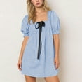 thumbnail image 1 of BLTIBY Women's Babydoll Mini Dress Puff Sleeve Square Neck Cute Tie Dresses Plaid Sundress Trendy Going Out Dress Streetwear Clothes Light Blue S, 1 of 7