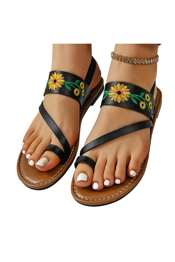 Women's Boho Floral Embroidered Flat Sandals Toe Ring Leather Flip Flops Vacation Beach Thong Sandal Summer Casual Shoes Black 6.5