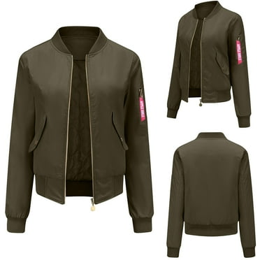 BLTIBY Women's Bomber Jacket Spring Fall Solid Colour Lightweight Zip Jackets Casual Coat Outerwear Windbreaker with Pockets Army Green L