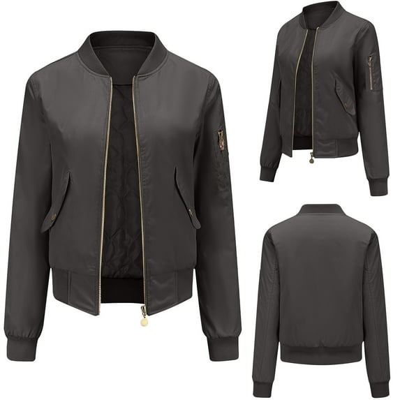 BLTIBY Women's Bomber Jacket Spring Fall Solid Colour Lightweight Zip Jackets Casual Coat Outerwear Windbreaker with Pockets Black L