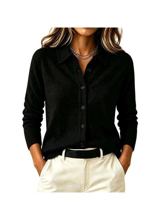 Women's Button Down Cardigan Long Sleeve Knit Sweater Fall Winter Soft Knit Warm Lapel Collared Loose Tops Office Work Casual Everyday Layering Black XXL