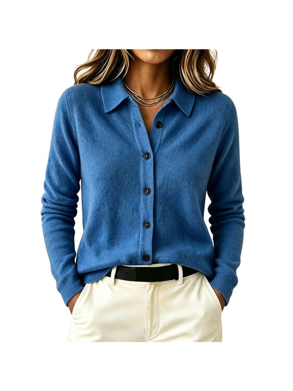 Women's Button Down Cardigan Long Sleeve Knit Sweater Fall Winter Soft Knit Warm Lapel Collared Loose Tops Office Work Casual Everyday Layering Blue M