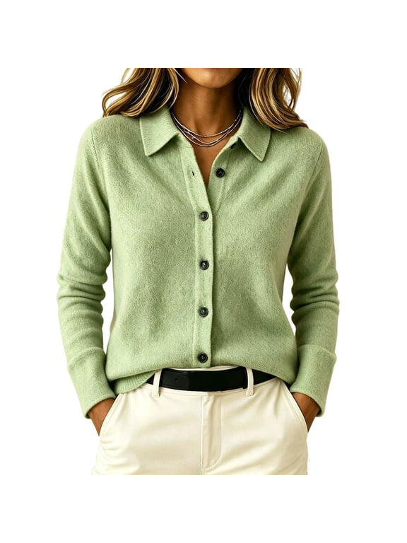 Women's Button Down Cardigan Long Sleeve Knit Sweater Fall Winter Soft Knit Warm Lapel Collared Loose Tops Office Work Casual Everyday Layering Green M