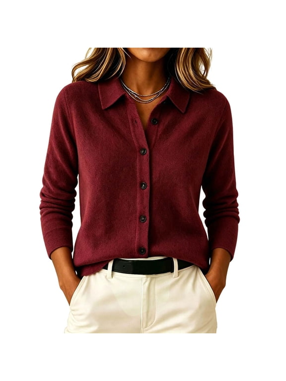 Women's Button Down Cardigan Long Sleeve Knit Sweater Fall Winter Soft Knit Warm Lapel Collared Loose Tops Office Work Casual Everyday Layering Wine M