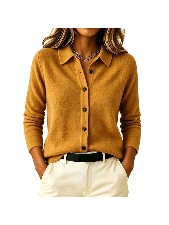 Women's Button Down Cardigan Long Sleeve Knit Sweater Fall Winter Soft Knit Warm Lapel Collared Loose Tops Office Work Casual Everyday Layering Yellow M