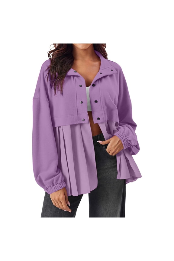 Women's Button Down Jackets Peplum Shacket Ruffle Hem Jacket Oversized Casual Lapel Sweatshirt Coat Purple S