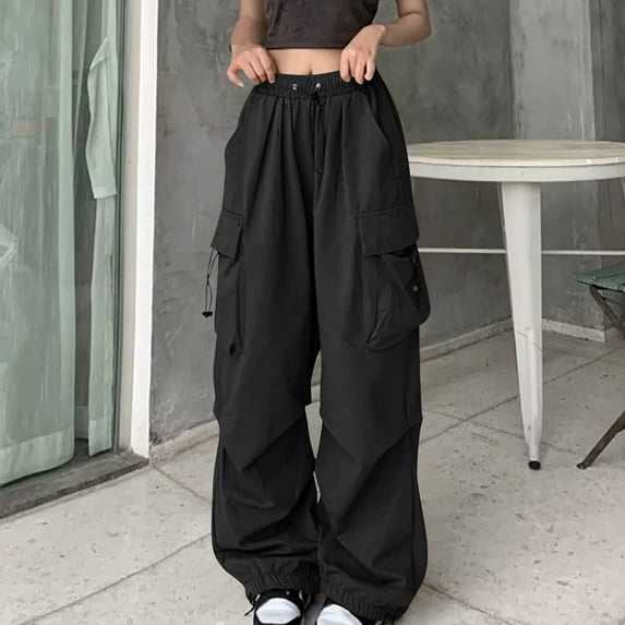 BLTIBY Women's Cargo Pants Solid Color High Waisted Work Pants Casual Stretchy Wide Leg Y2K Streetwear with Muti Pockets Military Lightweight Quick Dry Joggers Black 3 L