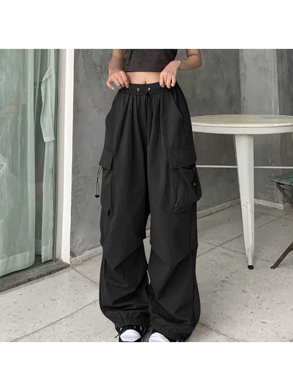 Women's Cargo Pants Solid Color High Waisted Work Pants Casual Stretchy Wide Leg Y2K Streetwear with Muti Pockets Military Lightweight Quick Dry Joggers Black 3 M
